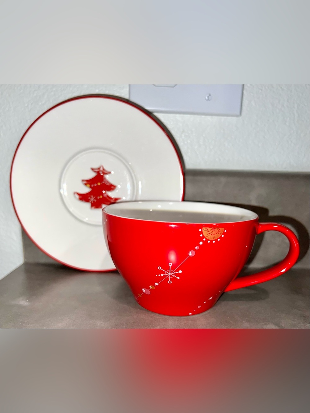 Starbucks Vintage Coffee Red Christmas Tree Cup & Saucer Holiday Set Snowflake